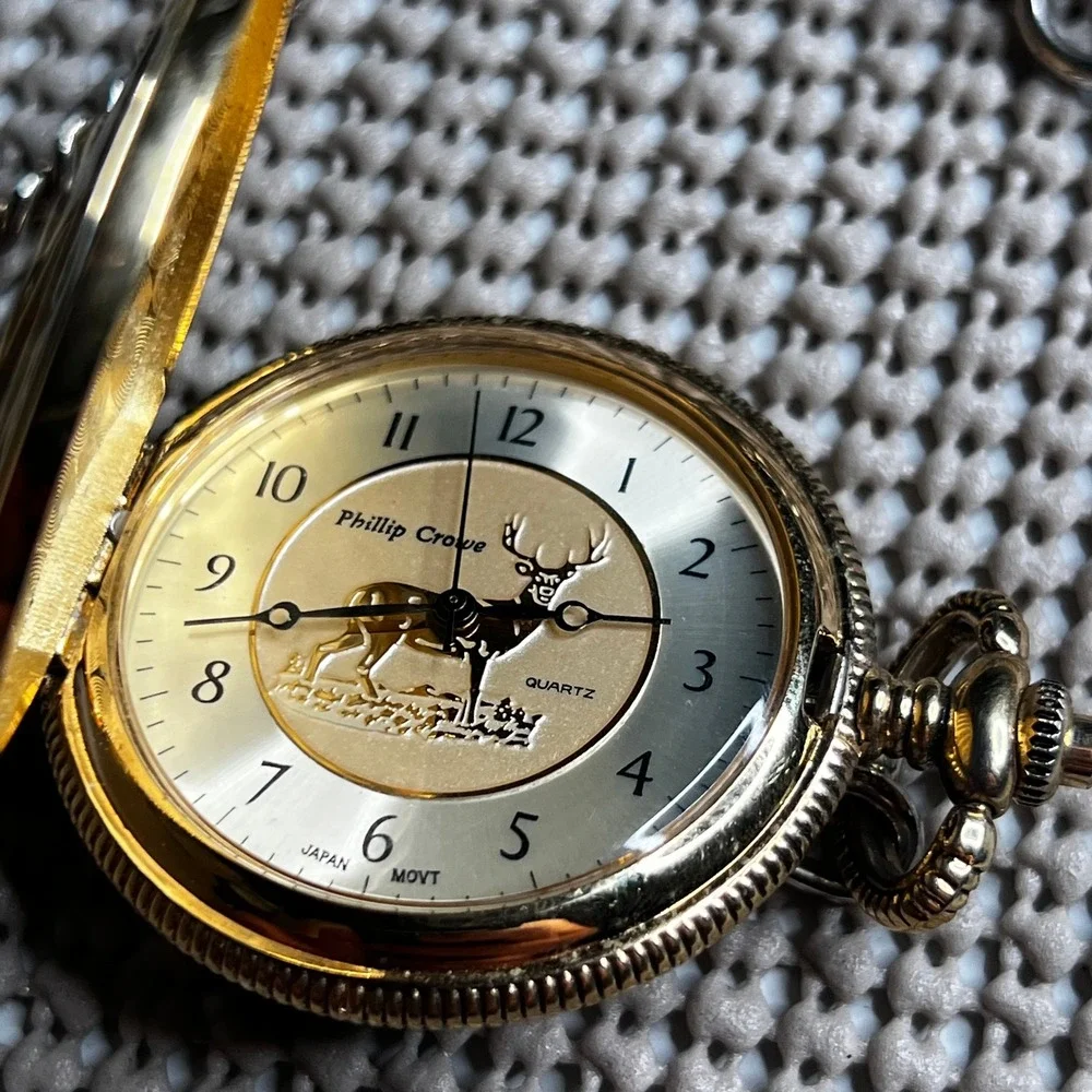 Phillip Crowe Majestic Watch Co Pocket Watch Deer Buck Two Tone Quartz Chain